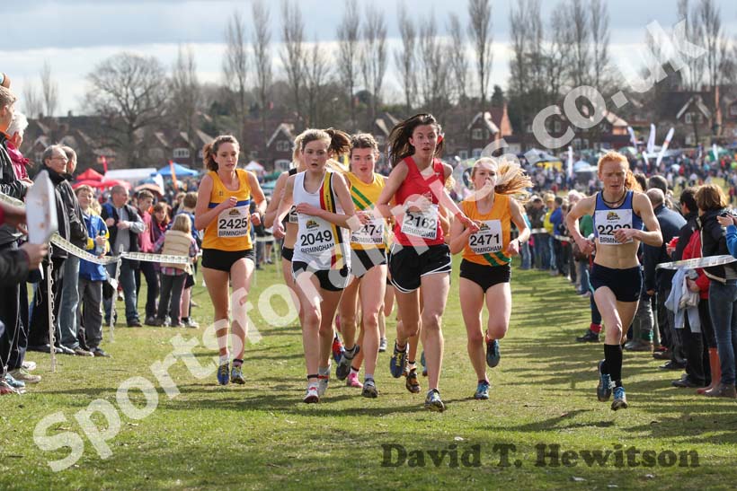 2162 Jessica Judd, 2220 Alex Clay, 2049 Rebecca Murray, 2471 Jenny Nesbitt, 2474 Rebecca Straw leaders in the Under-17 Women, McCain Inter Counties Cross Country, Cofton Park, Birmingham.